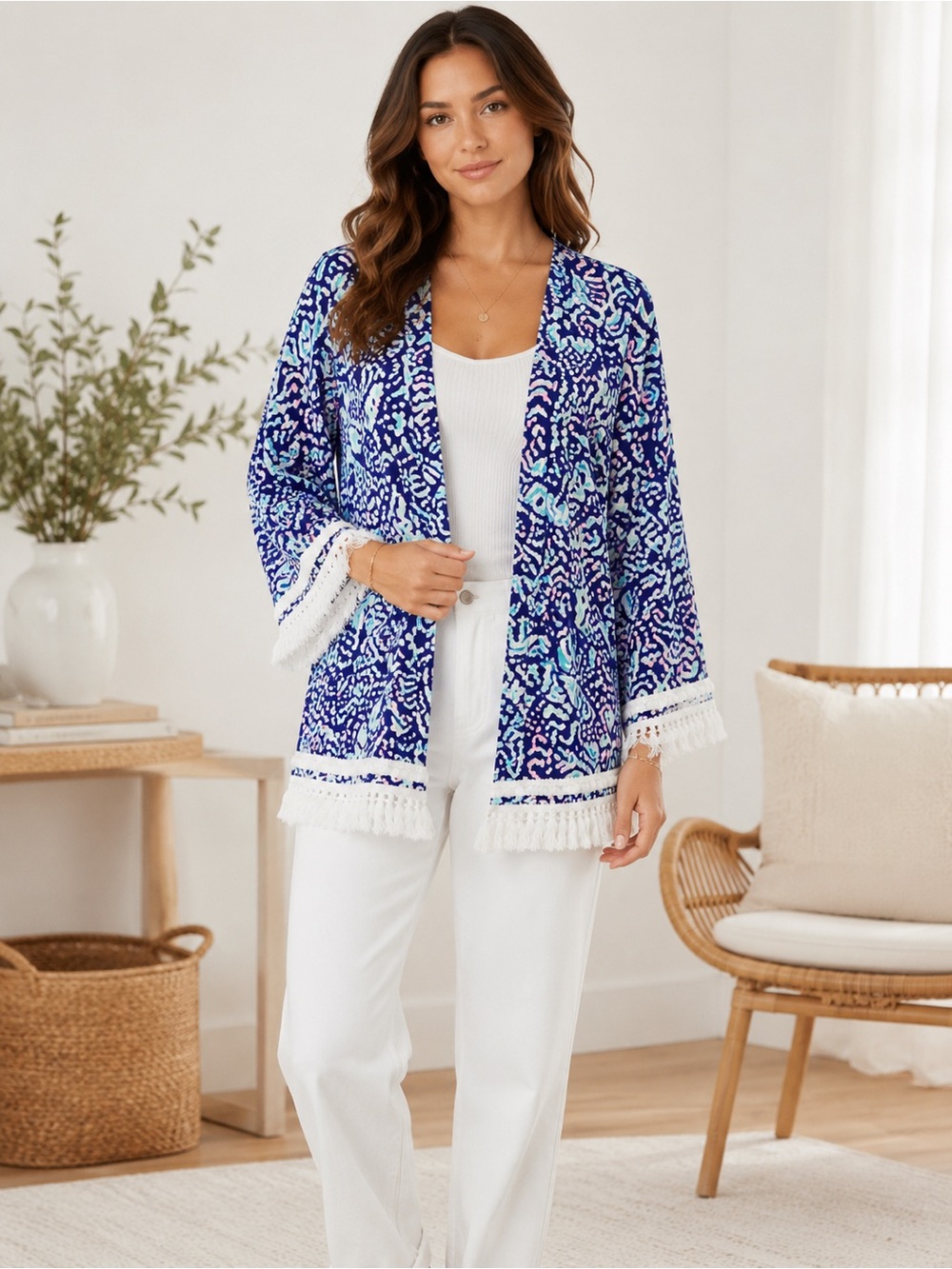 Lilly Pulitzer Blue Paisley Swim Coverup with White Fringe